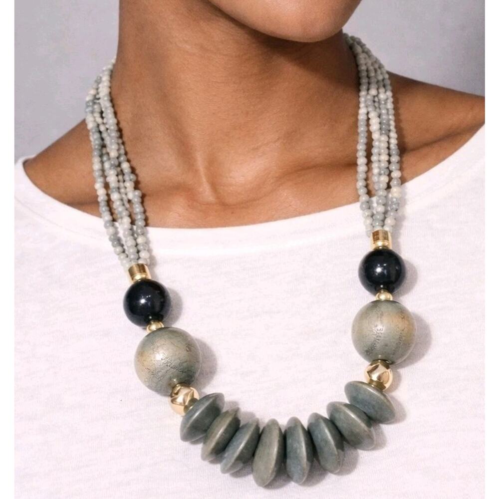 Vintage Tribal Stone & Wood Beaded Necklace 23" Grayish Blue Tribal‎ blu02-056